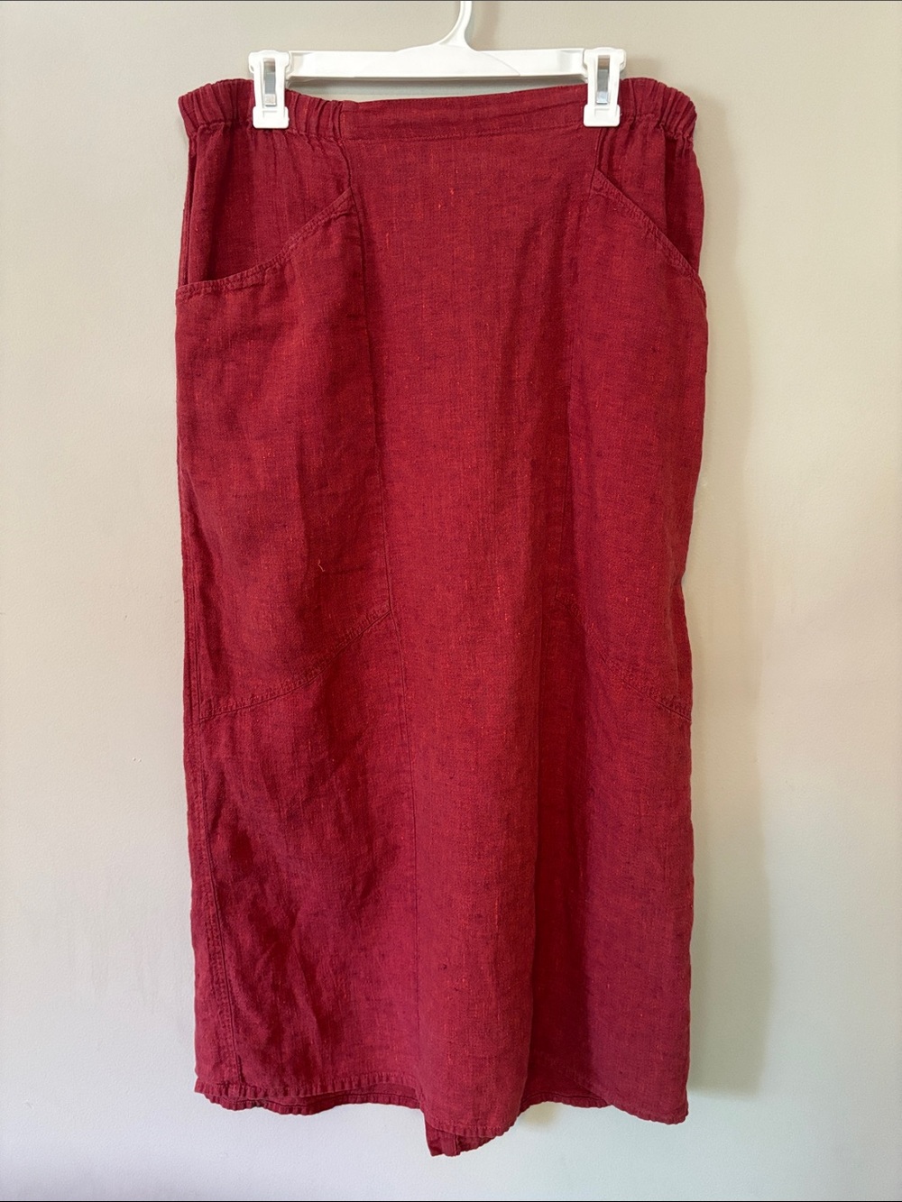 FLAX 100% Linen Midi Skirt Red Coral Pockets Slit Elastic Waist Size Medium M